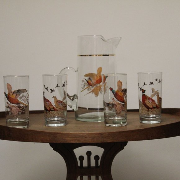 Set of 5 West Virginia Glass Vintage Pheasants In Flight 4 Glasses & 1 Pitcher - Picture 5 of 15